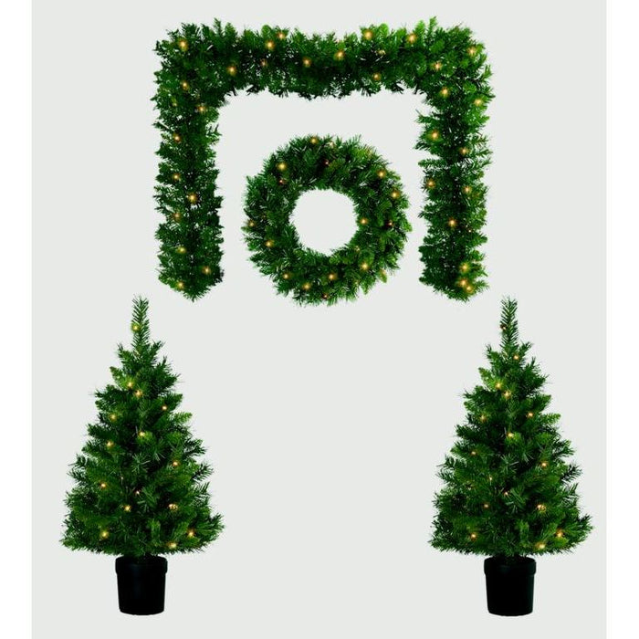 Premier Christmas Door & Porch Decoration Set Pre Lit Plain Cashmere Artificial Wreath Garland & Christmas Trees On Timer