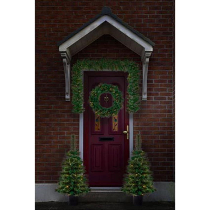 Premier Christmas Door & Porch Decoration Set Pre Lit Plain Cashmere Artificial Wreath Garland & Christmas Trees On Timer